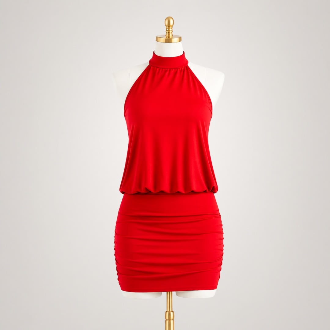 VESTIDO CASANDRA HUESO PREMIUM PARA MUJER HALTER CUELLO ALTO DOBLE FORRO EN SUPLEX - 6