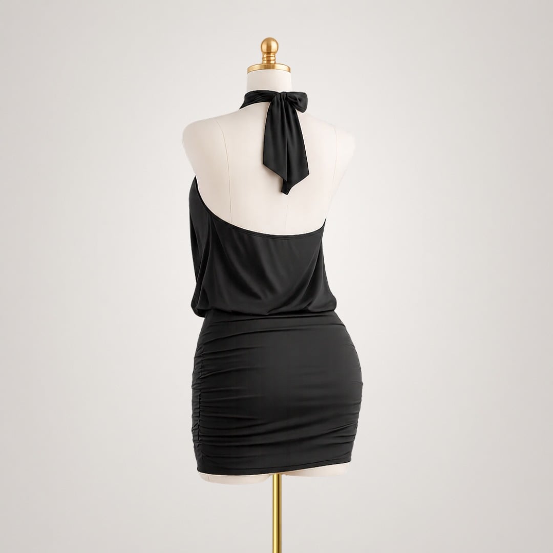 VESTIDO CASANDRA HUESO PREMIUM PARA MUJER HALTER CUELLO ALTO DOBLE FORRO EN SUPLEX - 7