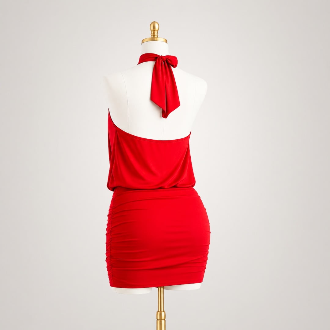 VESTIDO CASANDRA HUESO PREMIUM PARA MUJER HALTER CUELLO ALTO DOBLE FORRO EN SUPLEX - 7