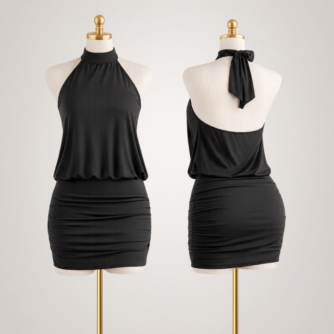 VESTIDO CASANDRA HUESO PREMIUM PARA MUJER HALTER CUELLO ALTO DOBLE FORRO EN SUPLEX - 8