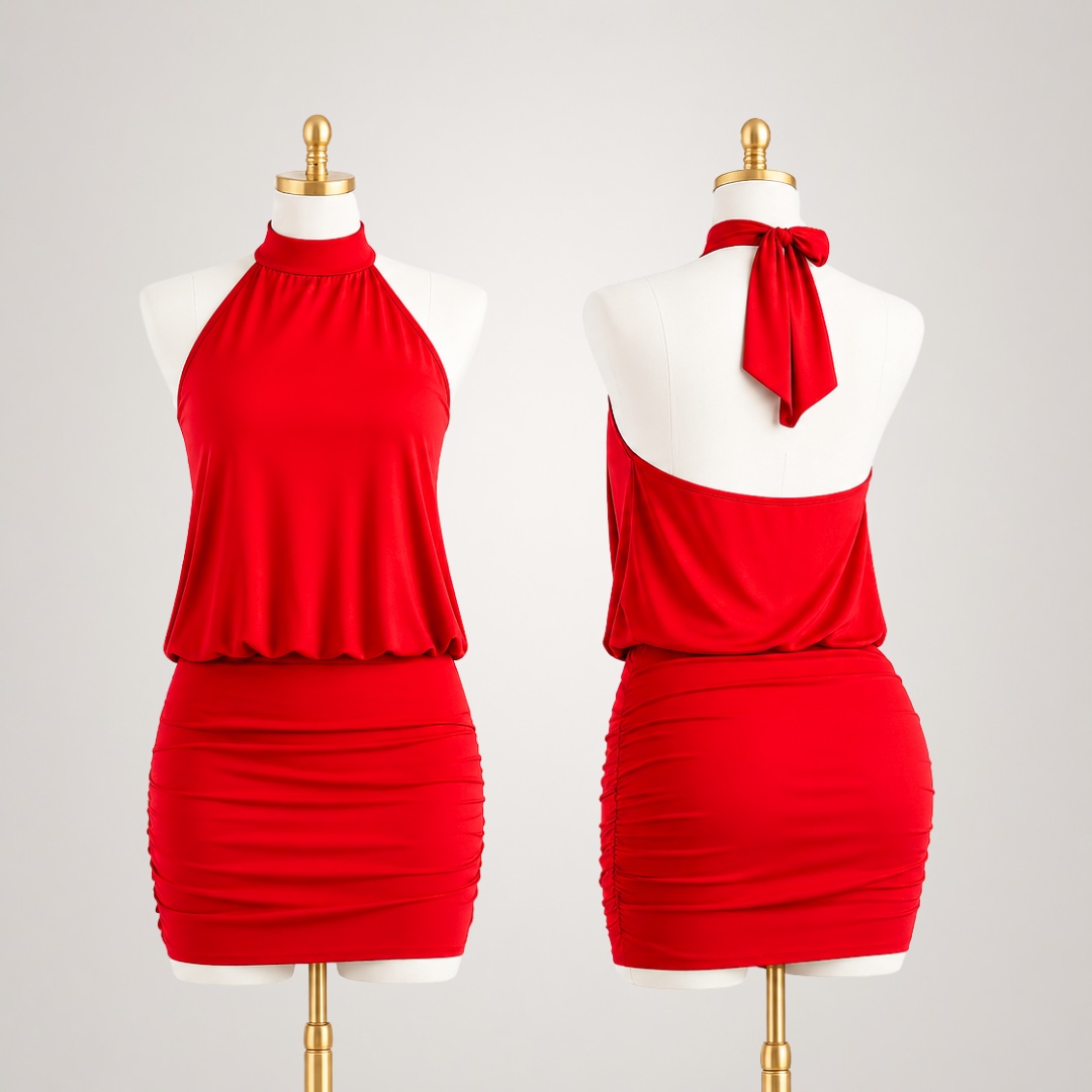 VESTIDO CASANDRA HUESO PREMIUM PARA MUJER HALTER CUELLO ALTO DOBLE FORRO EN SUPLEX - 8