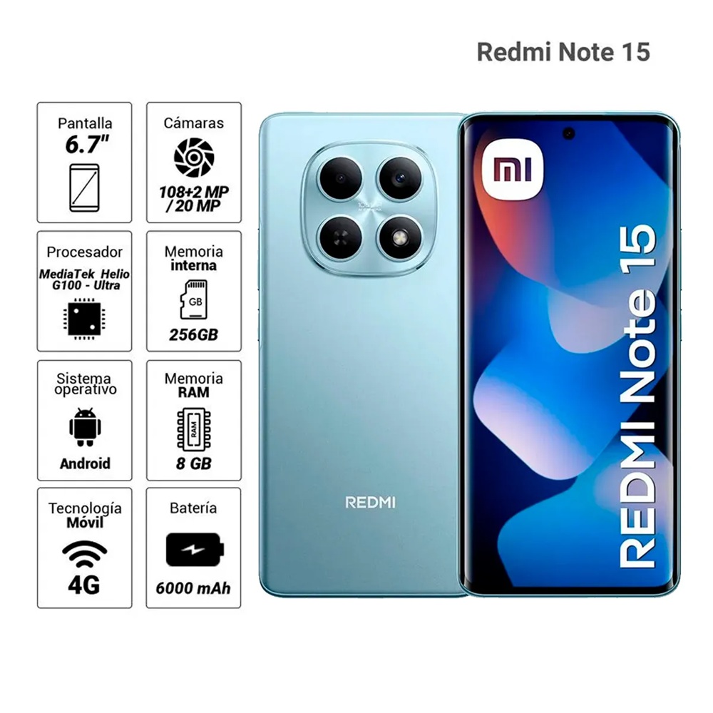 REDMI NOTE 15 4G 8GB RAM AZUL GLACIAR 256GB ROM + MICA HIDROGEL - REGISTRADO - 2