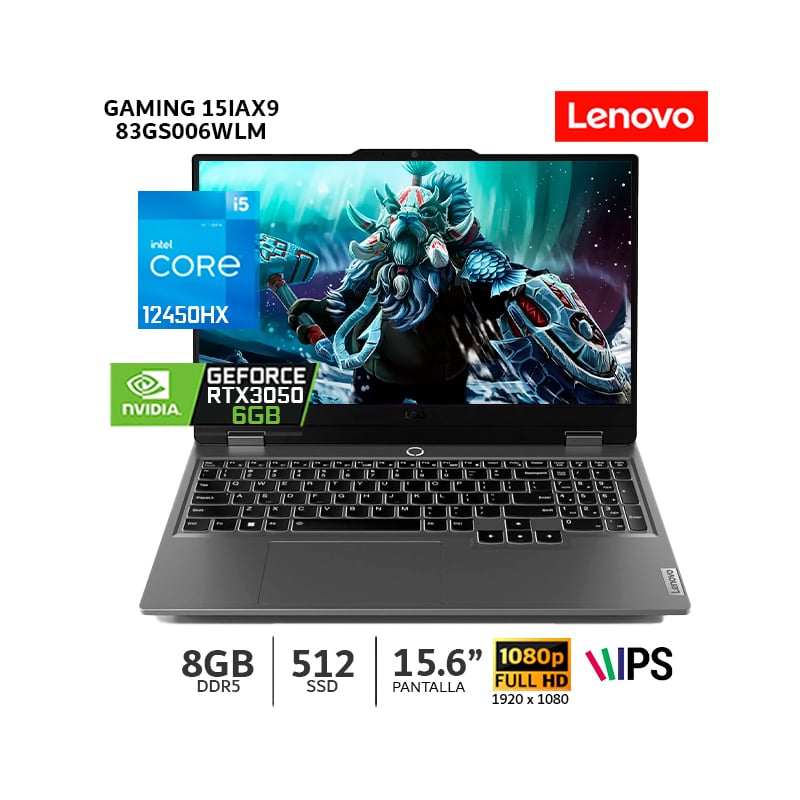 LAPTOP LENOVO LOQ 15IAX9, CI5-12450HX, 8GB RAM/ 512GB SSD/ 15.6” FHD/ RTX 3050 6GB - 83GS006WLM - 1