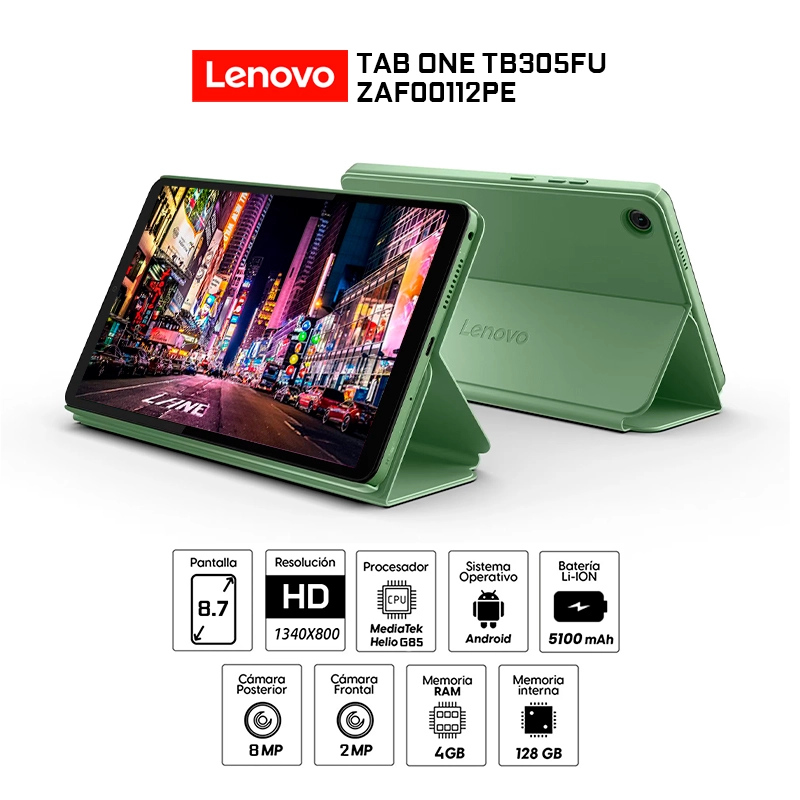 TABLET LENOVO TAB ONE TB305FU 4GB RAM/ 128GB EMMC/ 8.7″/ ANDROID 14 + FOLIO CASE/ ZAF00112PE-GREEN - 1
