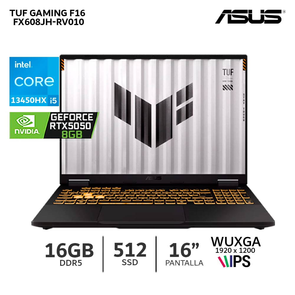 LAPTOP ASUS TUF GAMING F16 FX608JH-RV010 CI5-13450HX 16GB RAM/ 512GB SSD/ RTX 5050 8GB 16' WUXGA - 1