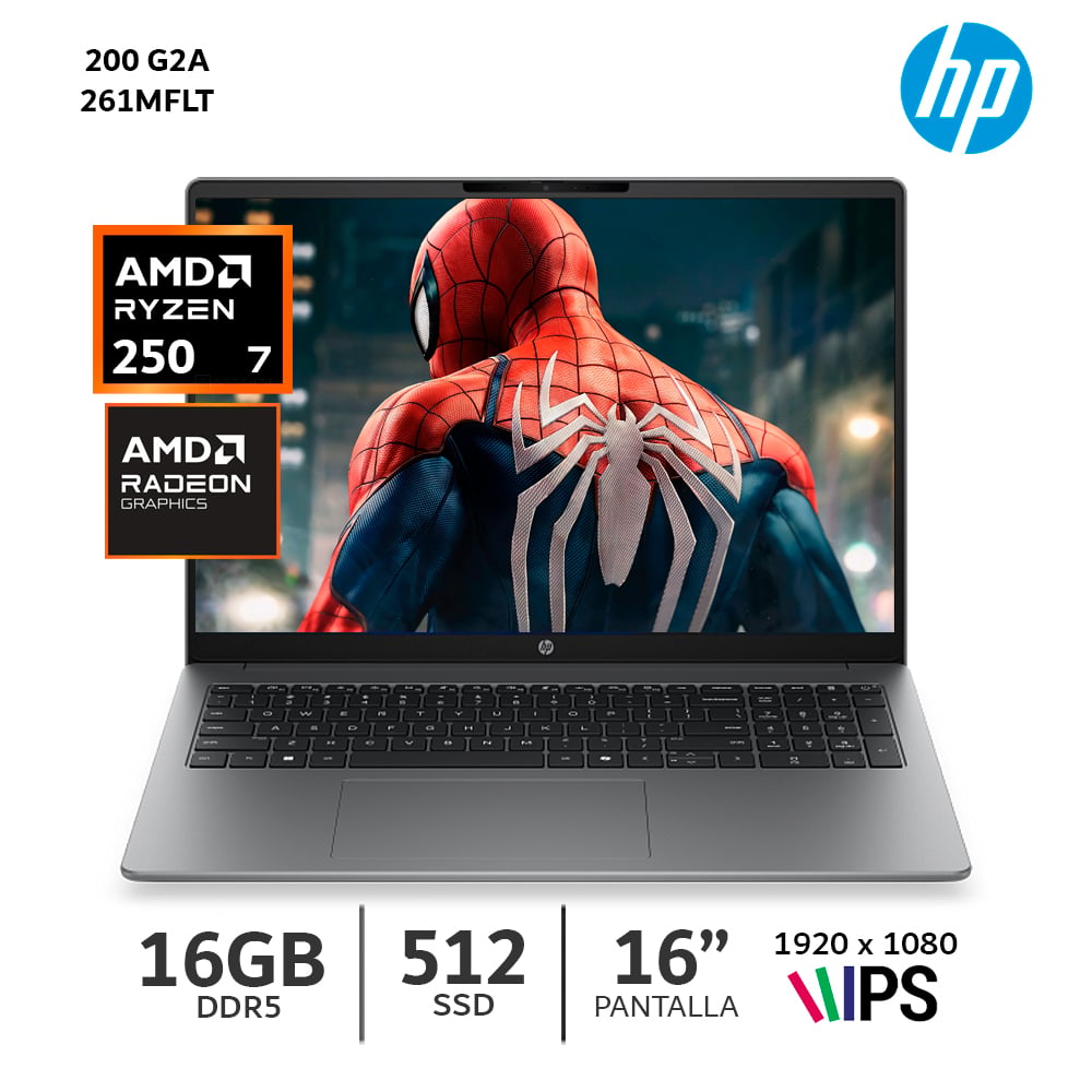 LAPTOP HP 200 G2A RYZEN 7-250 RAM 16 GB DDR5-5600 SSD 512 GB / 16' WUXGA - D61MFLT - 1