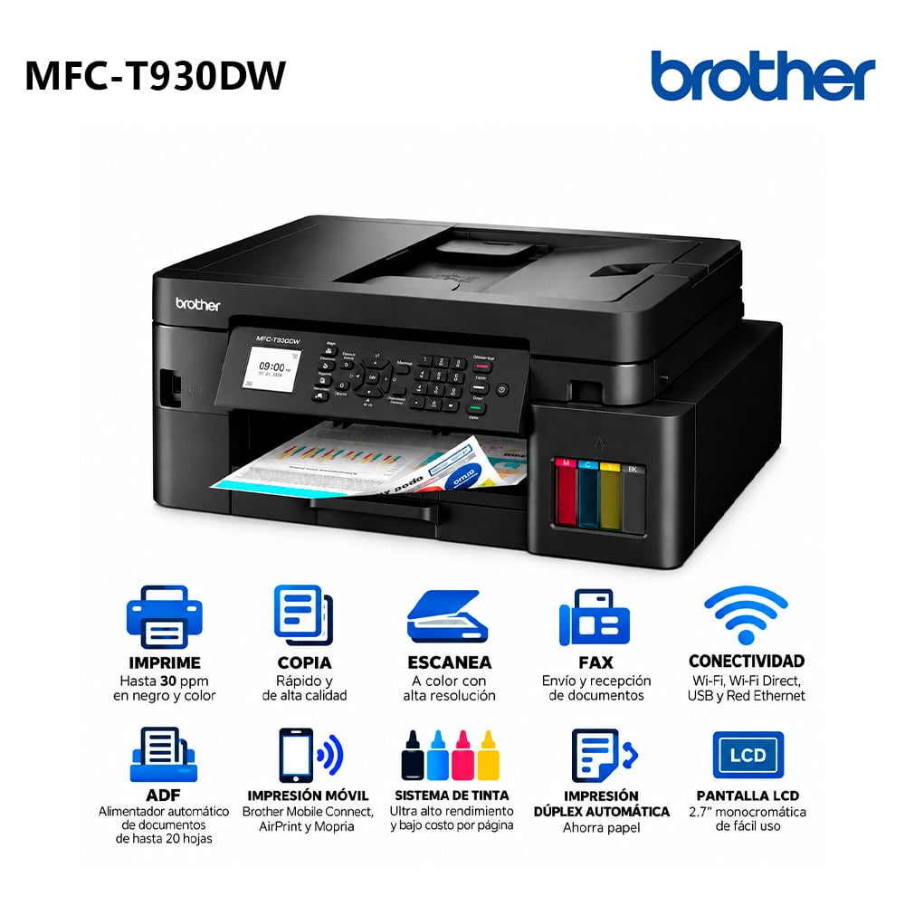 IMPRESORA MULTIFUNCIONAL BROTHER MFC-T930DW WIRELESS / RED / DUPLEX - 1