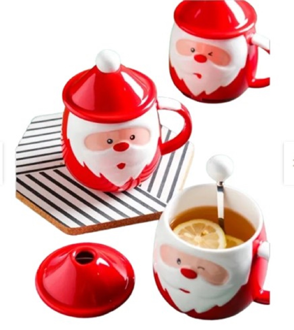 TAZA NAVIDEÑA DE CERAMICA ROJA CALIDAD PREMIUN Y CUCHARITA - 1