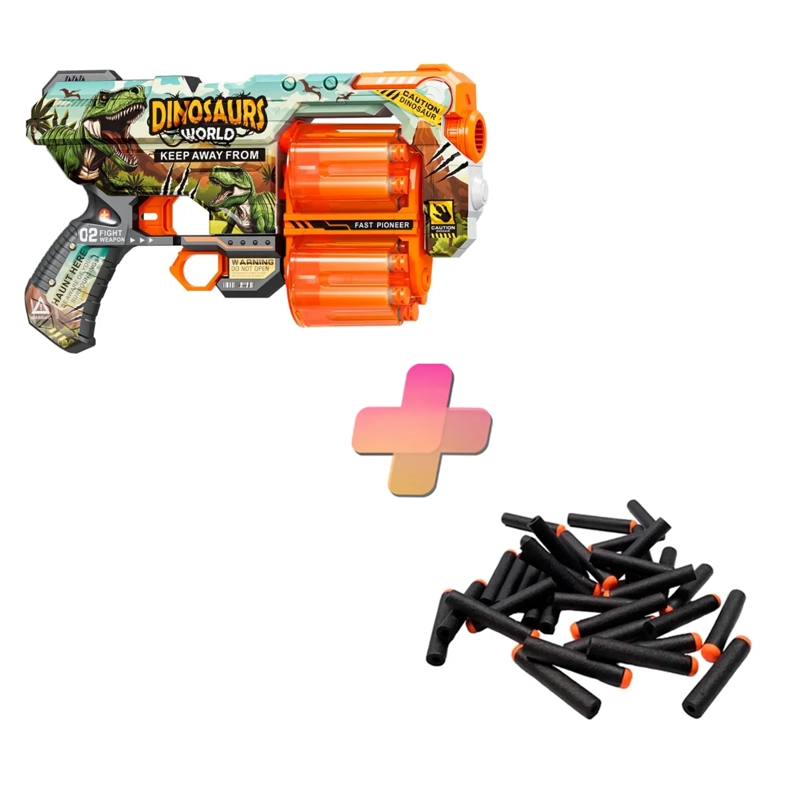 PISTOLA DE JUGUETE DE 12 DARDOS-DINOSAURS WORLD-RUEDA GIRATORIA CON 24 DARDOS DE REGALO - 1