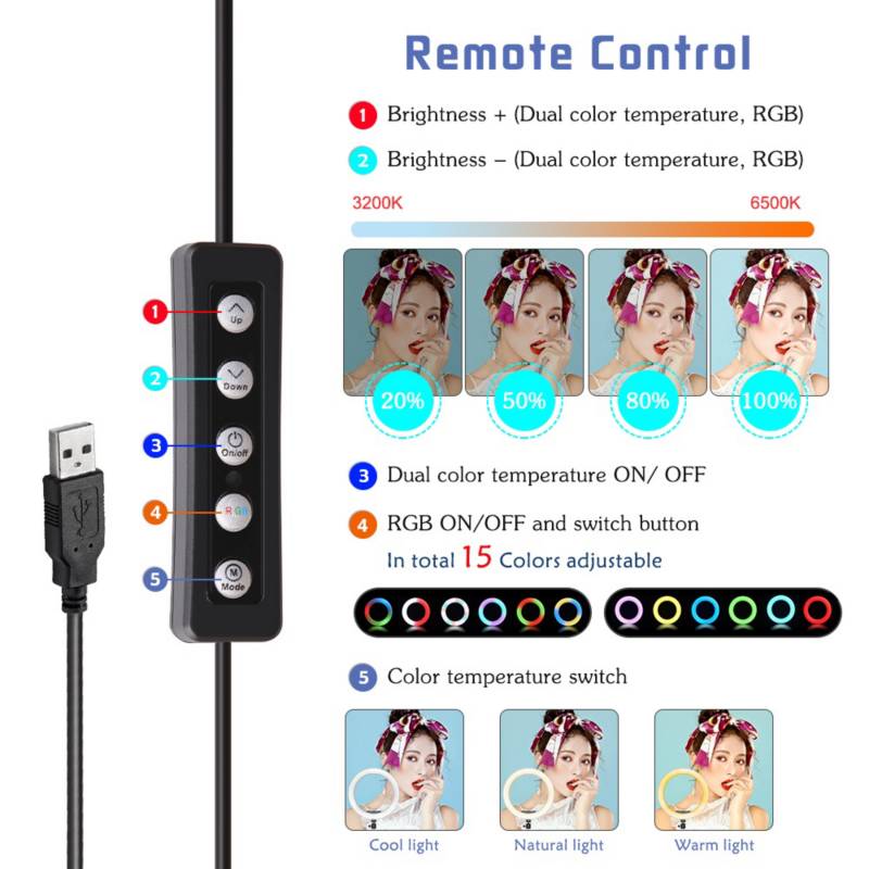 ARO LUZ LED 30 CM RGB COLORES + TRÍPODE 2.10 METROS KIT - 3