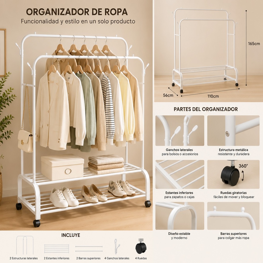 ORGANIZADOR DE ROPA DOBLE CON ESTANTES DE 2 NIVELES CON RUEDAS - 7