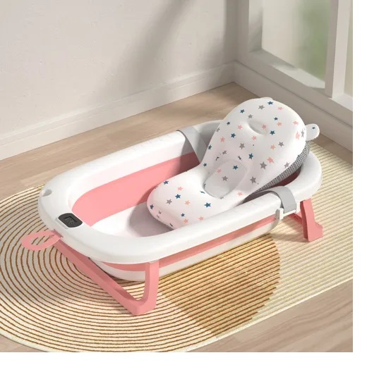 BAÑERA PARA BEBE PLEGABLE CON TERMOMETRO Y COJIN PREMIUM COLOR ROSADO - 1