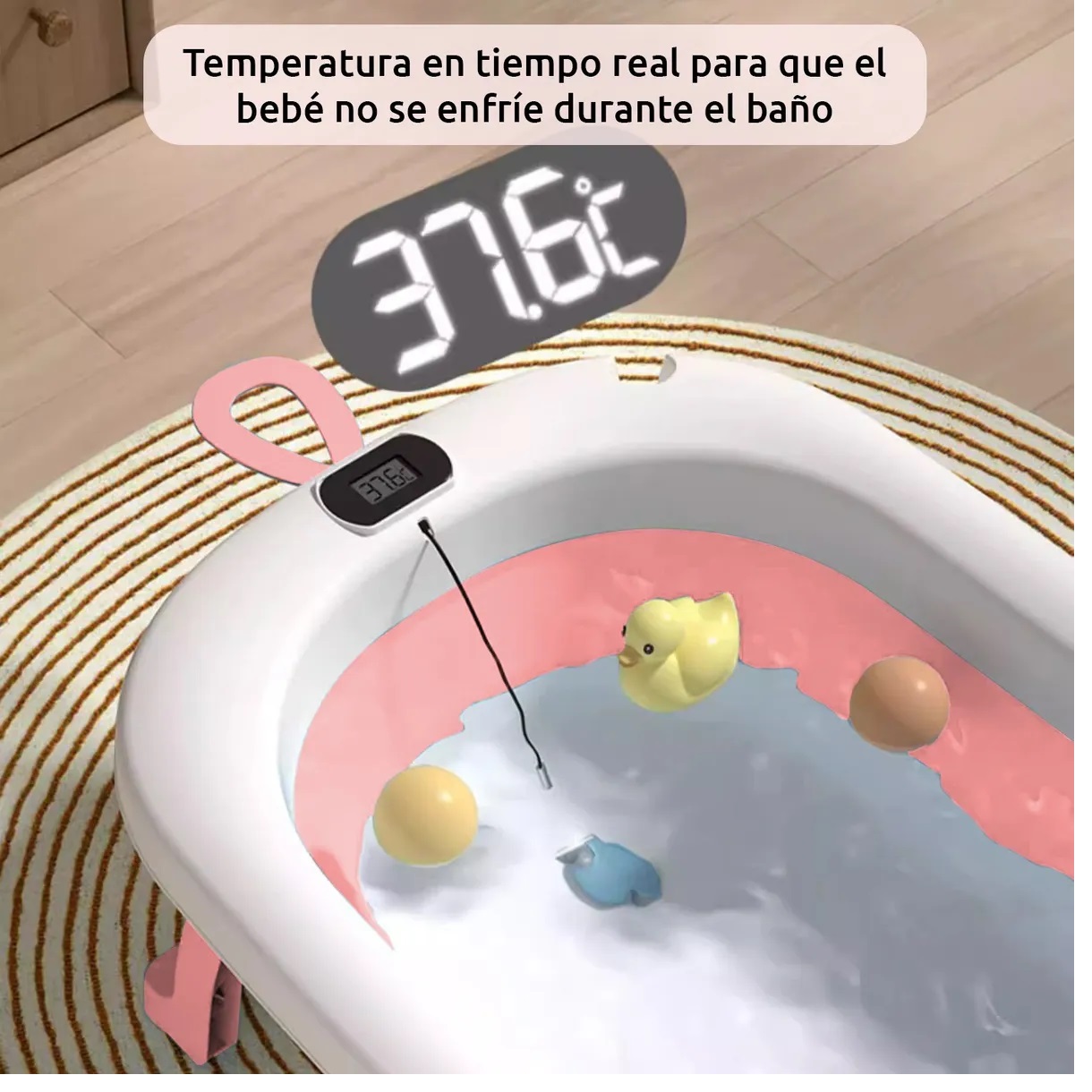 BAÑERA PARA BEBE PLEGABLE CON TERMOMETRO Y COJIN PREMIUM COLOR ROSADO - 2