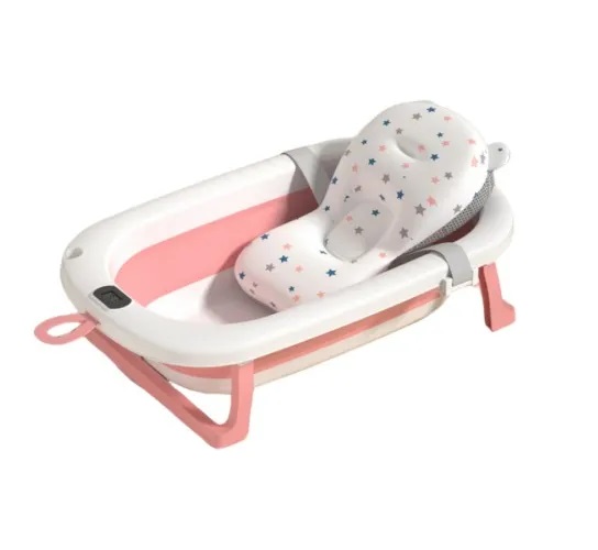 BAÑERA PARA BEBE PLEGABLE CON TERMOMETRO Y COJIN PREMIUM COLOR ROSADO - 4