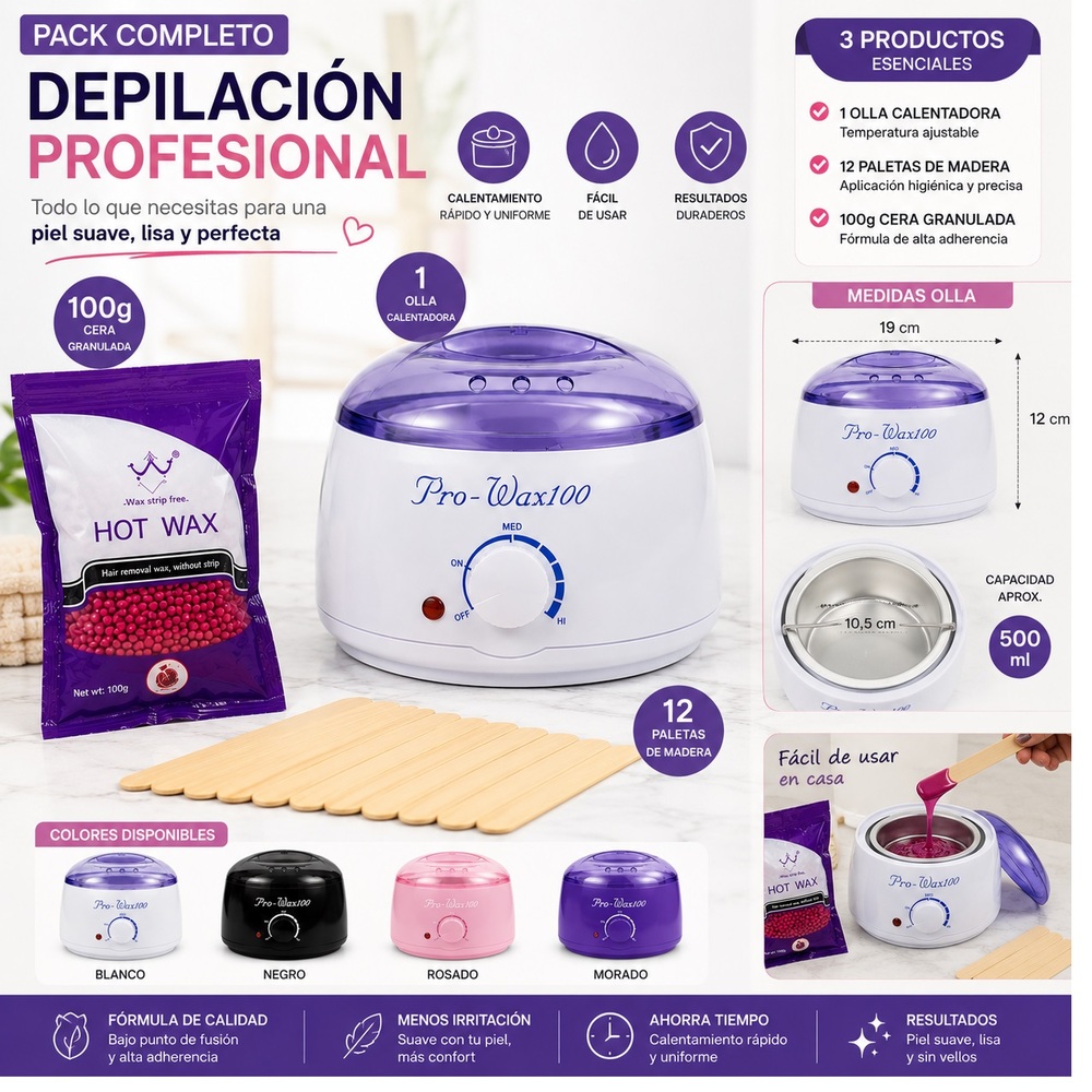 KIT DEPILATORIO PROFESIONAL OLLA CALENTADORA + 100 G CERA GRANULADA + 12 PALETAS - 4