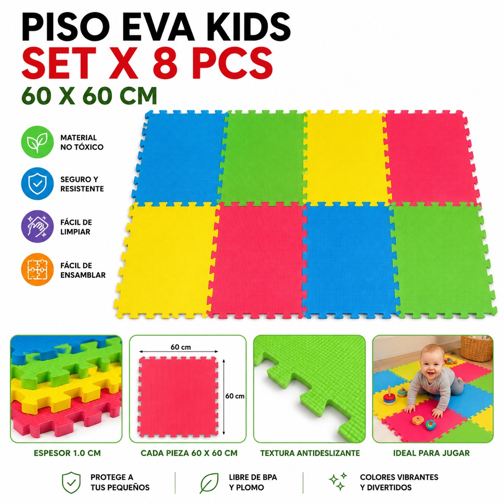 PISO EVA KIDS SET X 8 PIEZAS 60 X 60 CM – TAPETE ANTIDESLIZANTE PARA BEBÉS Y NIÑOS - 1