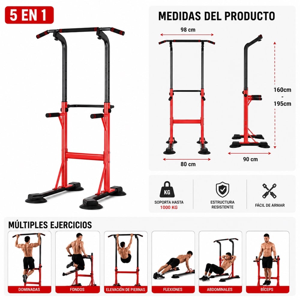 GIMNASIO MULTIFUNCIONAL 5 EN 1 – RACK DE DOMINADAS Y FONDOS AJUSTABLE - 2
