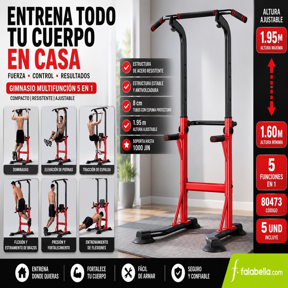GIMNASIO MULTIFUNCIONAL 5 EN 1 – RACK DE DOMINADAS Y FONDOS AJUSTABLE - 4