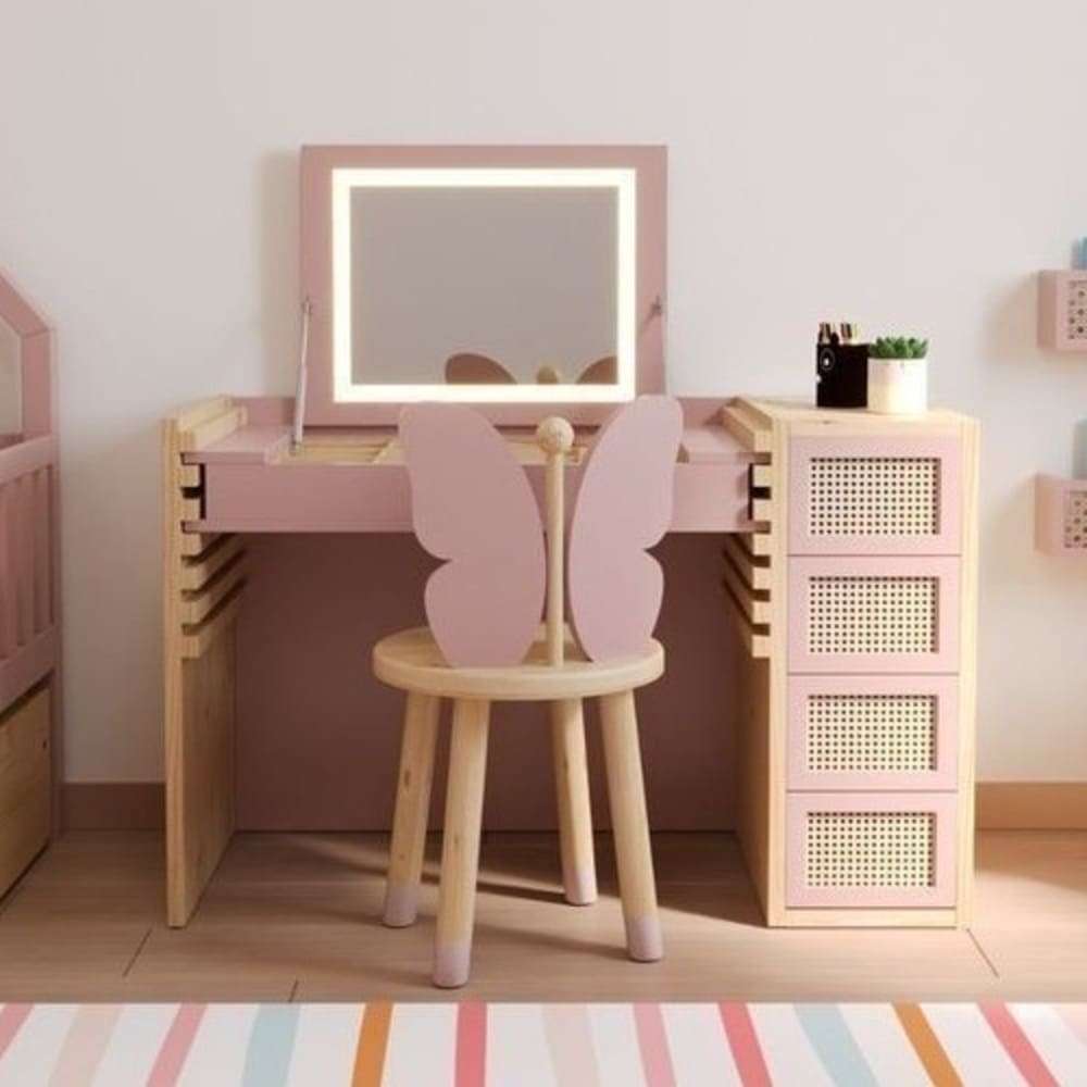 TOCADOR + SILLA INFANTIL CONGALA CON ESPEJO Y LUCES LED COLOR ROSADO/DUNA TU MESITA - 1
