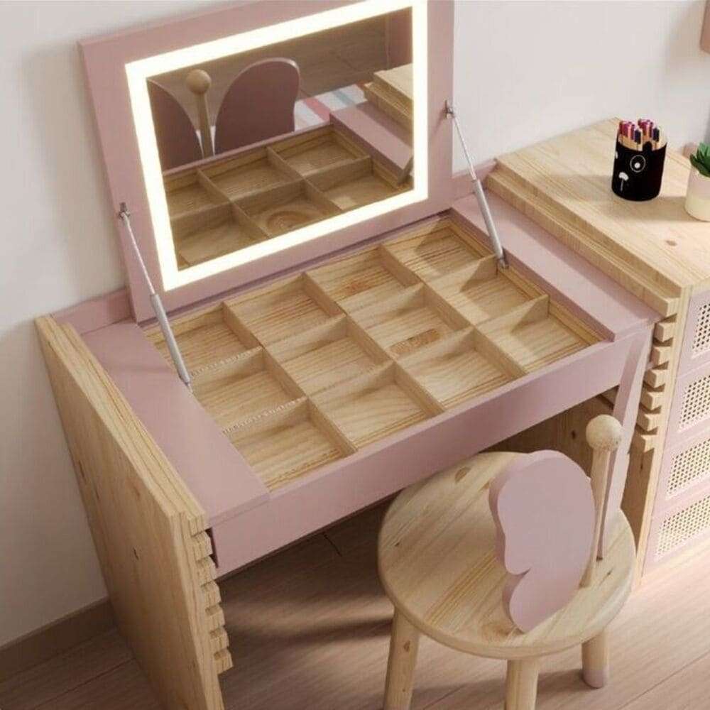 TOCADOR + SILLA INFANTIL CONGALA CON ESPEJO Y LUCES LED COLOR ROSADO/DUNA TU MESITA - 2