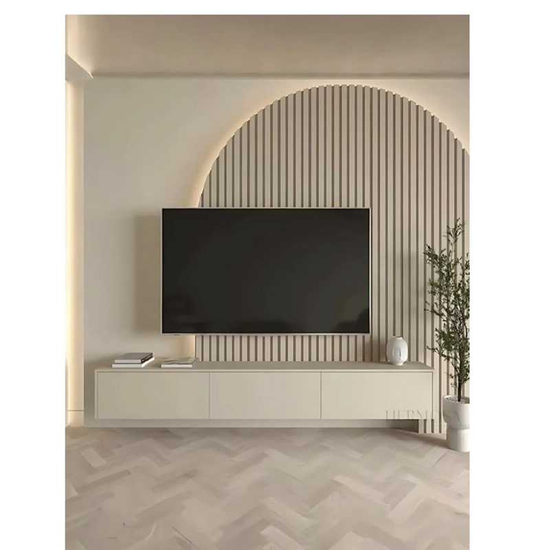 MESA DE TV FLOTANTE CON PANEL YUSEF COLOR ALMENDRA 3 PUERTAS TU MESITA - 1