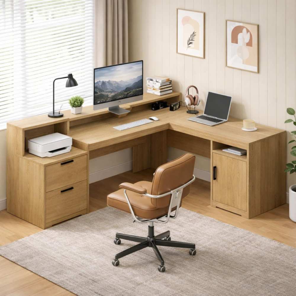 ESCRITORIO EN L THEO TU MESITA COLOR ROVERE CON REPISAS Y ALMACENAMIENTO - 1