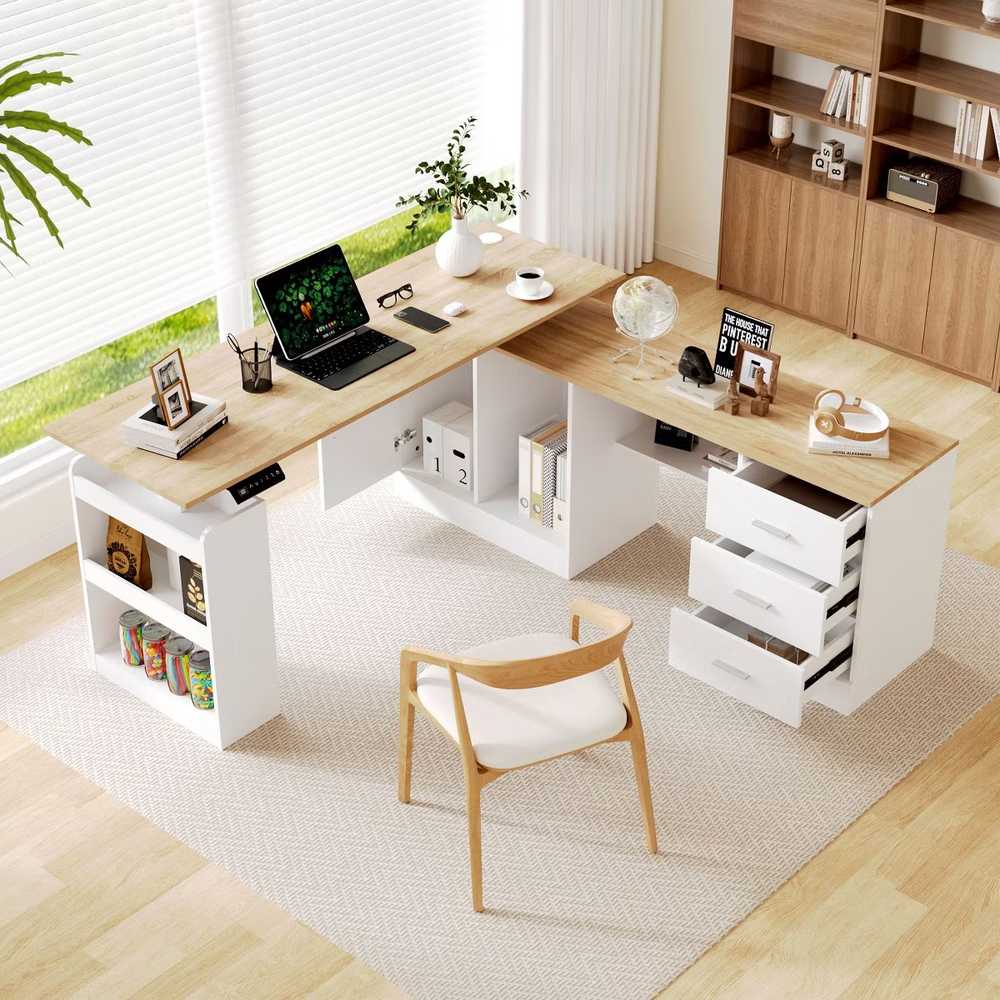 ESCRITORIO EN L IVANA TU MESITA COLOR PANELA Y BLANCO CON CAJONERA - 1