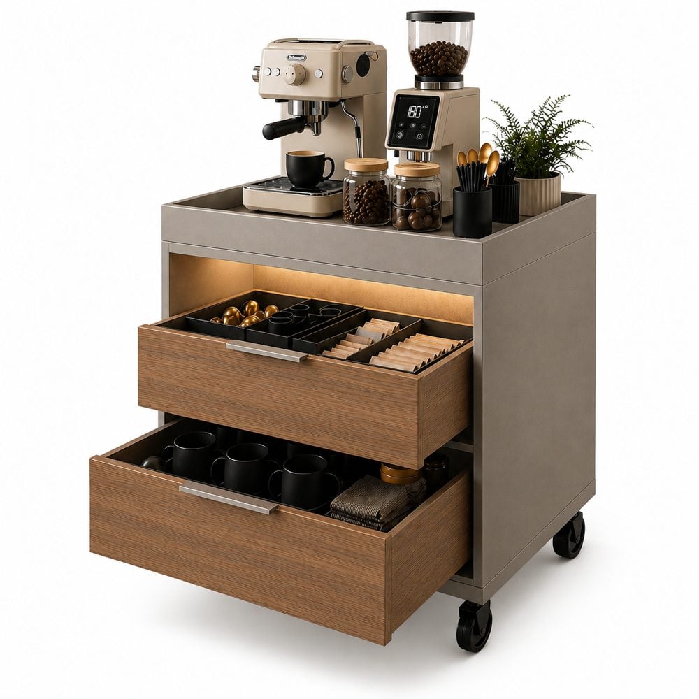 ESTACIÓN DE CAFÉ MARIBEL TU MESITA CON 2 CAJONES INOX Y AVELLANA CANTO GRUESO - 2