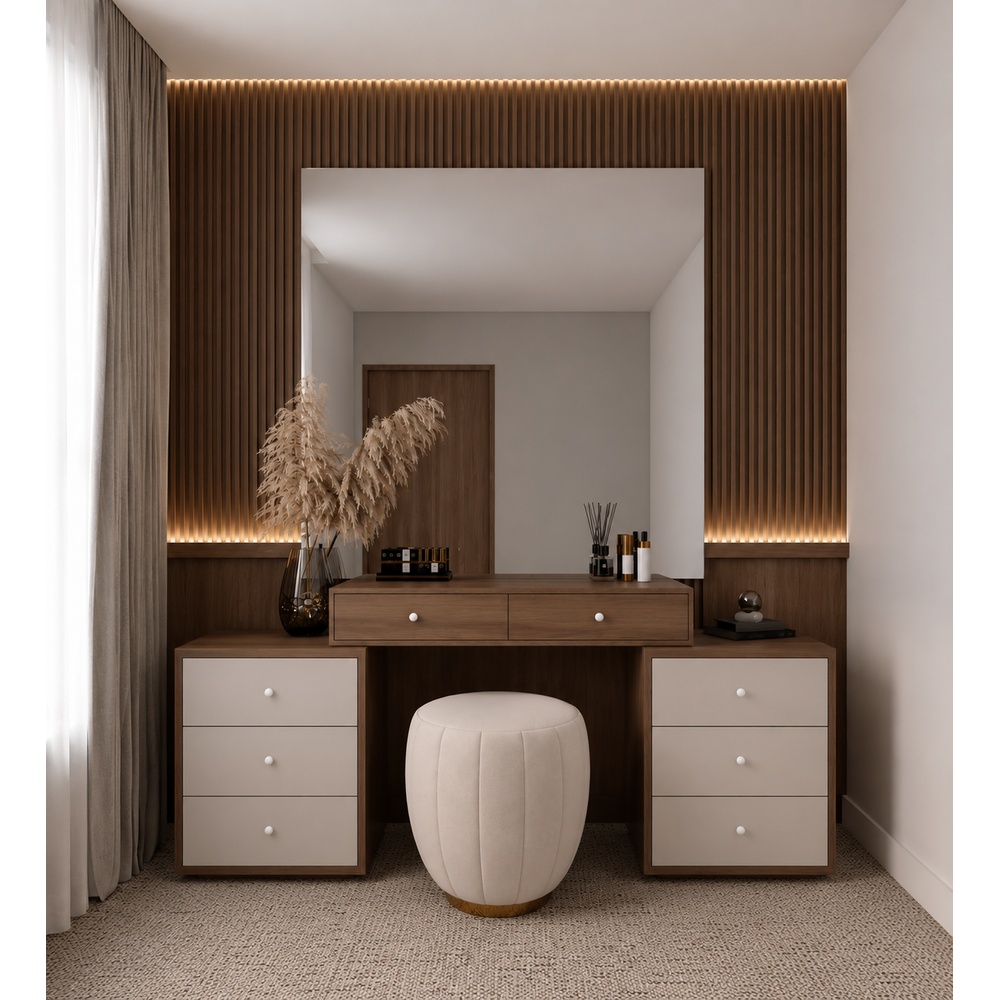 TOCADOR MODERNO KYOTO TU MESITA CON ESPEJO XL Y WALLPANEL LISTONADO CATANIA Y CAPRI CANTO GRUESO - 1