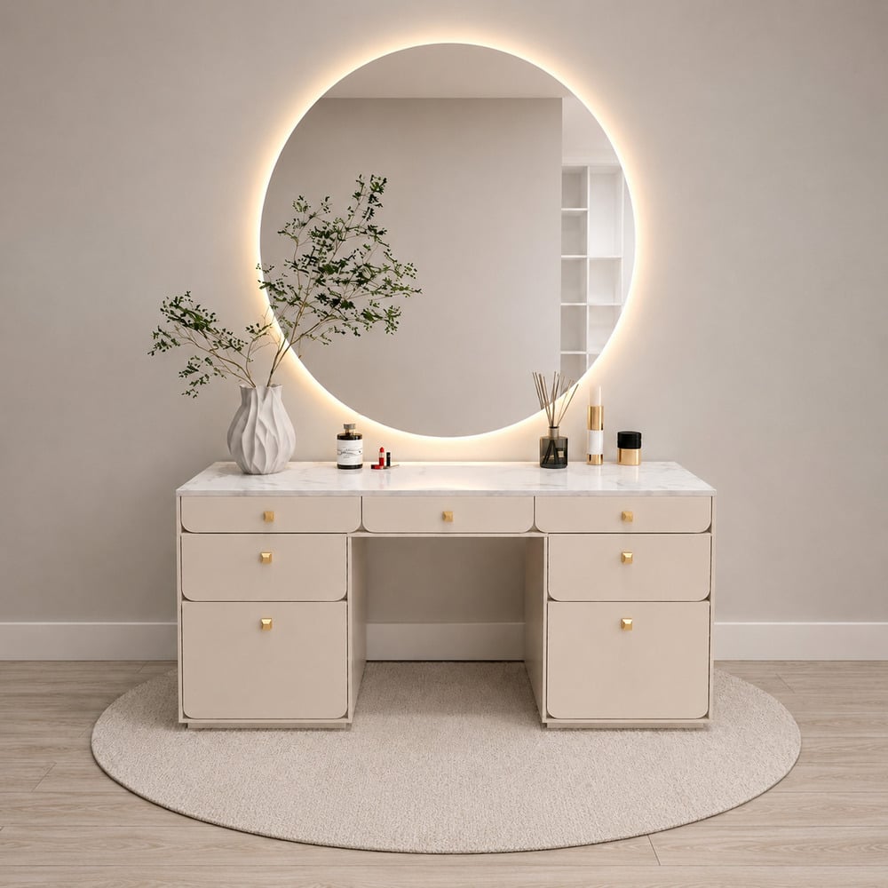 TOCADOR LUXURY ORI CON ESPEJO RETROILUMINADO Y MESADA DE MELAMINA TIPO MARMOL TU MESITA - 1