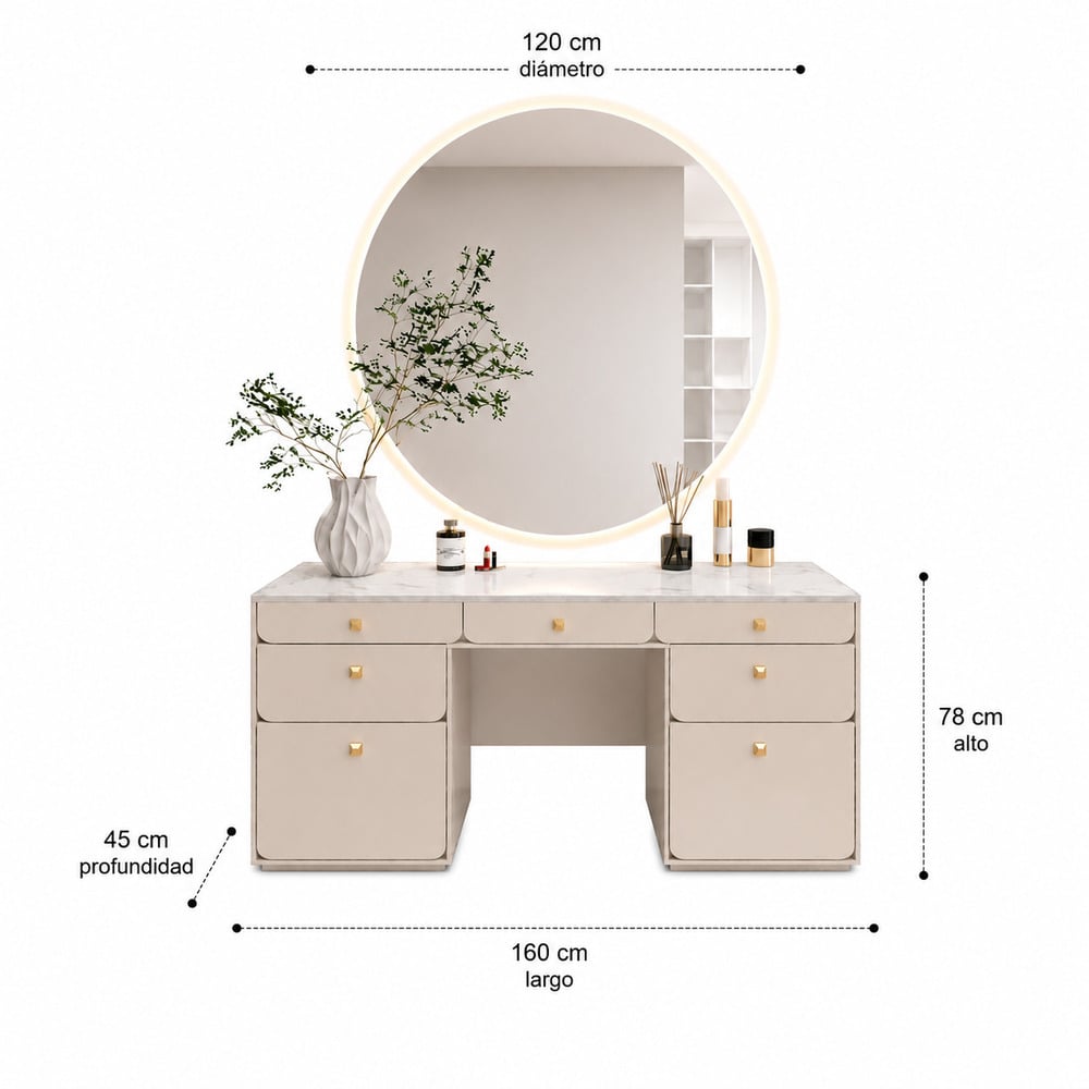 TOCADOR LUXURY ORI CON ESPEJO RETROILUMINADO Y MESADA DE MELAMINA TIPO MARMOL TU MESITA - 3