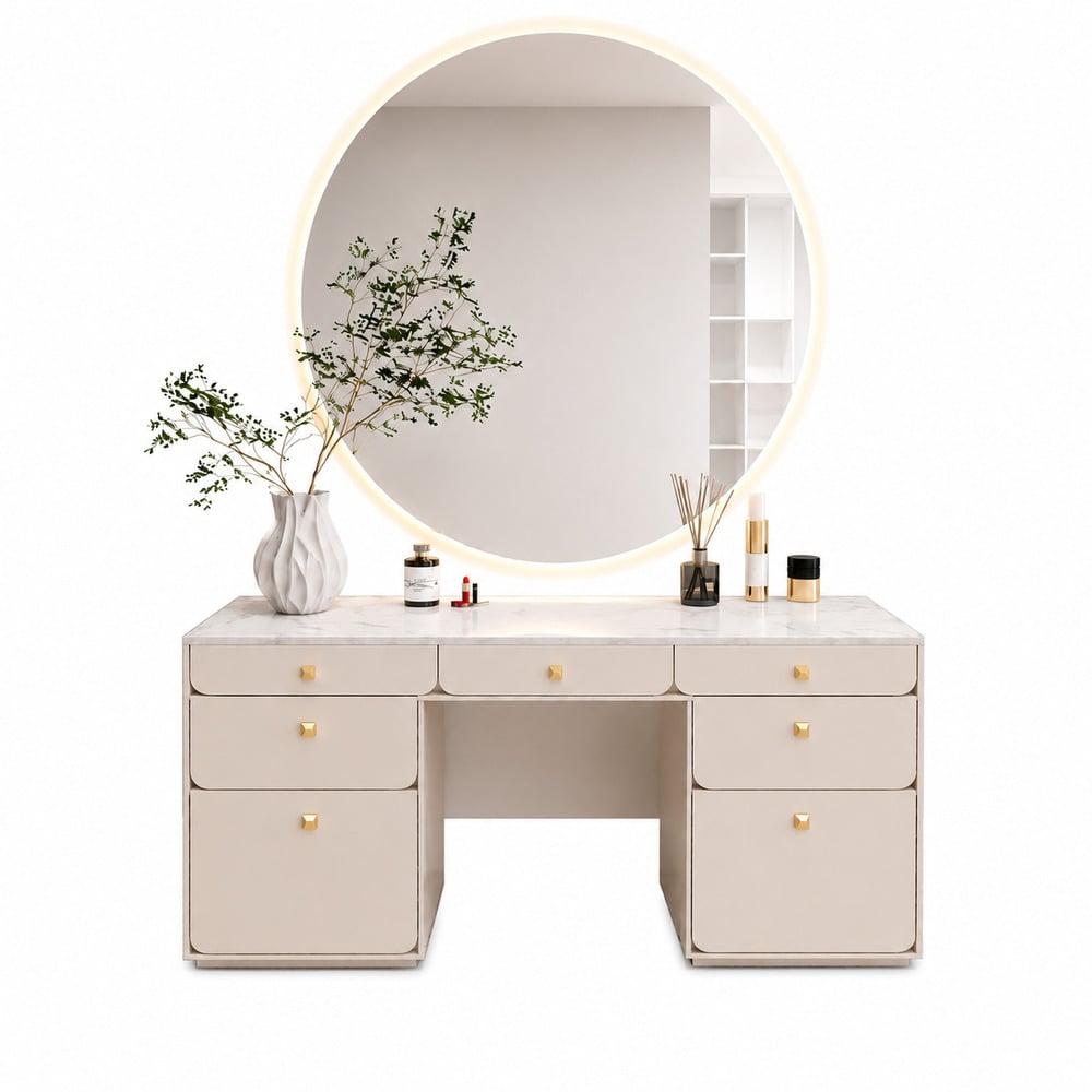 TOCADOR LUXURY ORI CON ESPEJO RETROILUMINADO Y MESADA DE MELAMINA TIPO MARMOL CANTO GRUESO TU MESITA - 2