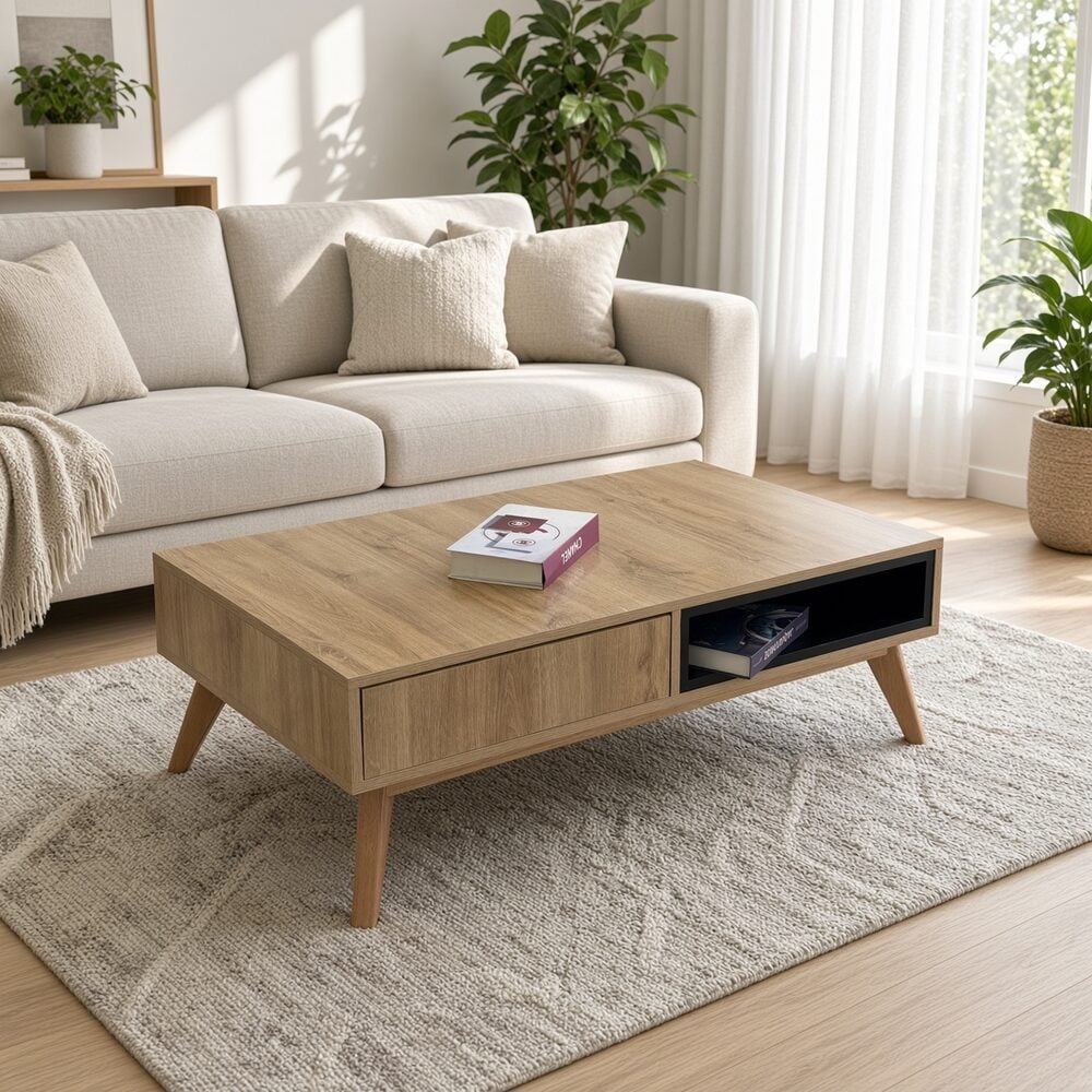 MESA DE CENTRO CIRA CON CAJÓN Y NICHO COLOR DUNA NEGRO TU MESITA CANTO DELGADO - 1
