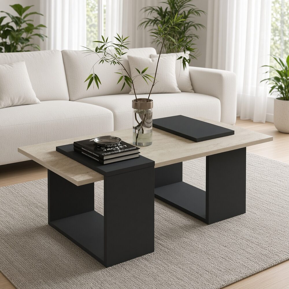 MESA DE CENTRO NUMA GEOMÉTRICA BICOLOR COLOR CEMENTO NEGRO TU MESITA CANTO GRUESO - 1