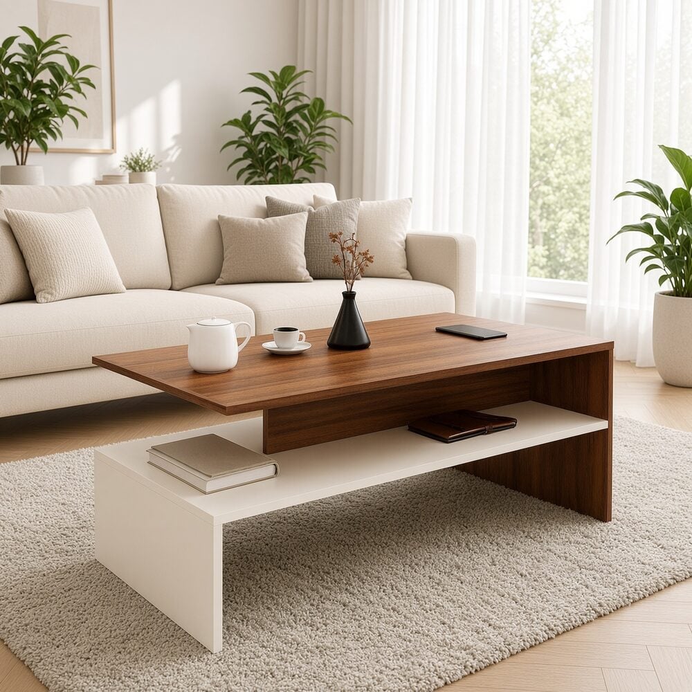 MESA DE CENTRO VERA BICOLOR CON REPISA COLOR CARAMELO BLANCO TU MESITA CANTO GRUESO - 1