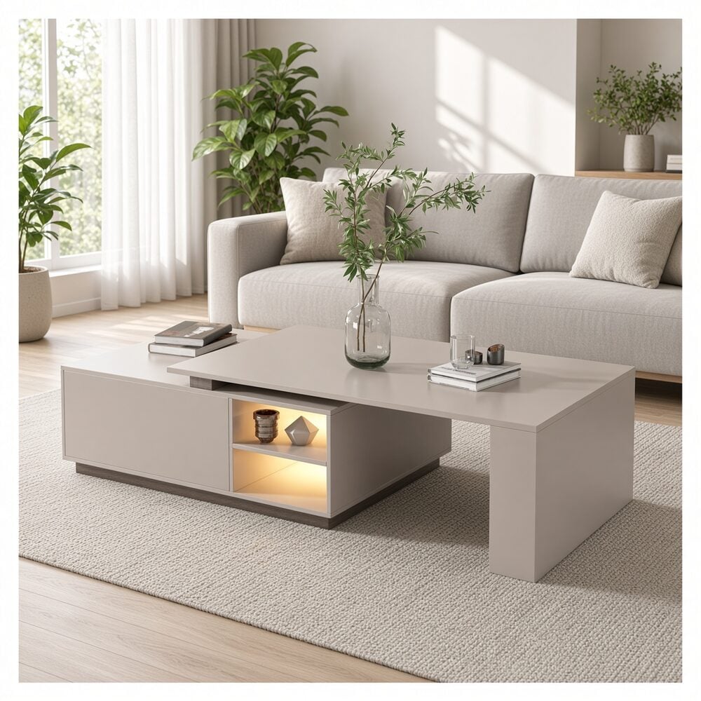 MESA DE CENTRO GENO ASIMÉTRICA CON NICHO LED COLOR TAUPÉ TU MESITA CANTO DELGADO - 1