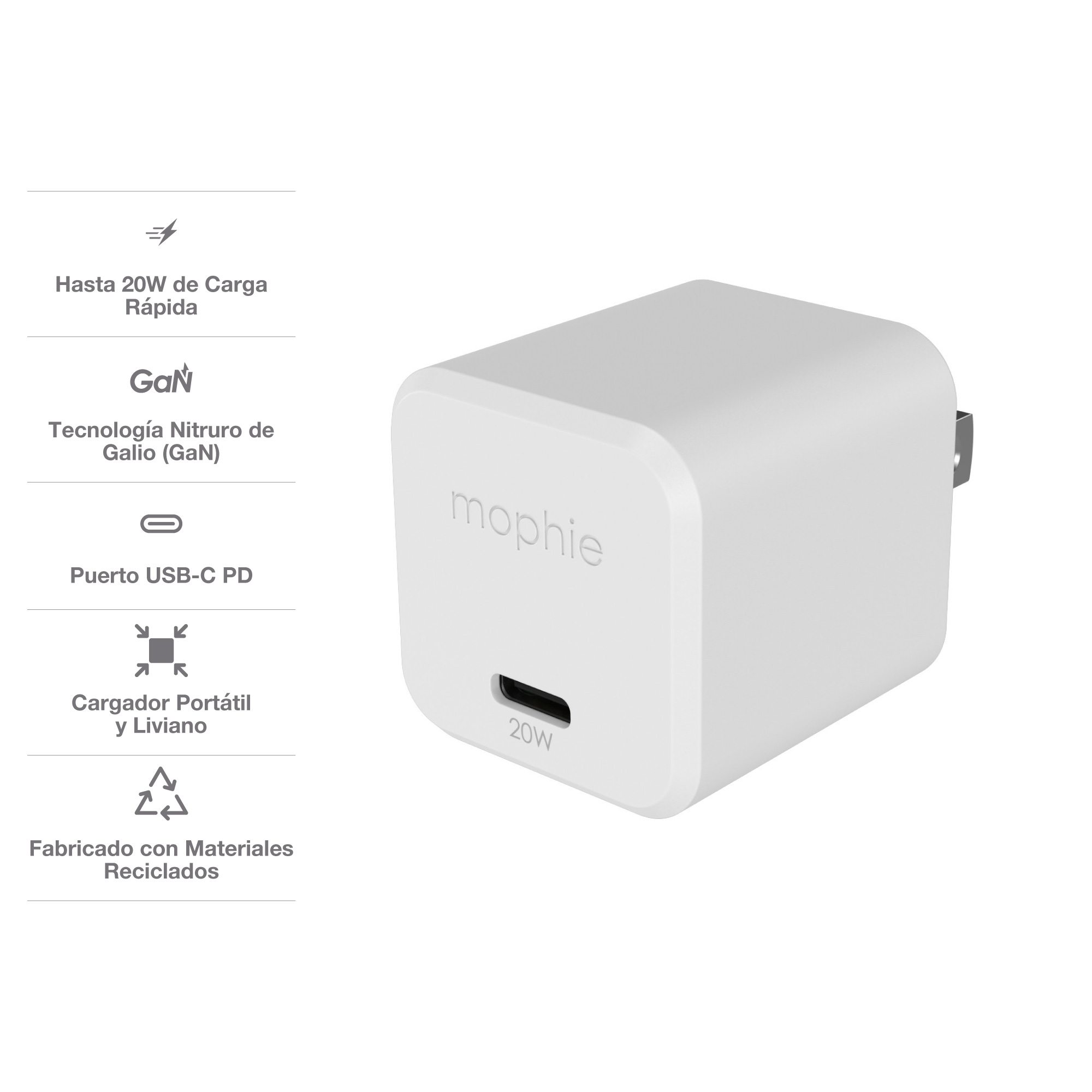 CARGADOR DE PARED MOPHIE USB-C DE CARGA RÁPIDA GAN HASTA 20W PARA SMARTPHONES Y TABLETAS - 3