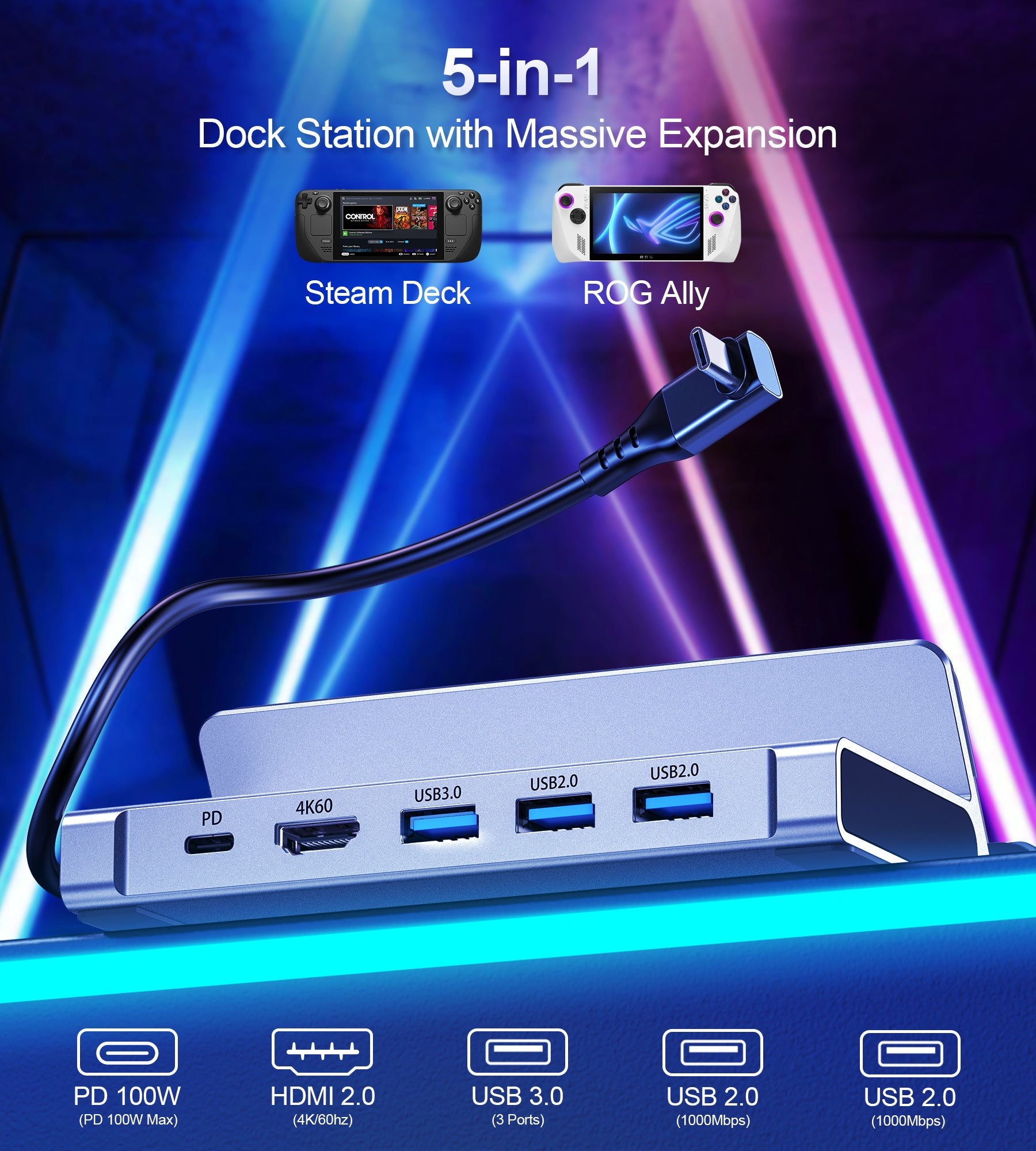 DOCKING STATION USB-C 5 EN 1 HUB GAMING HDMI 4K 60HZ 100W STEAM DECK - 2