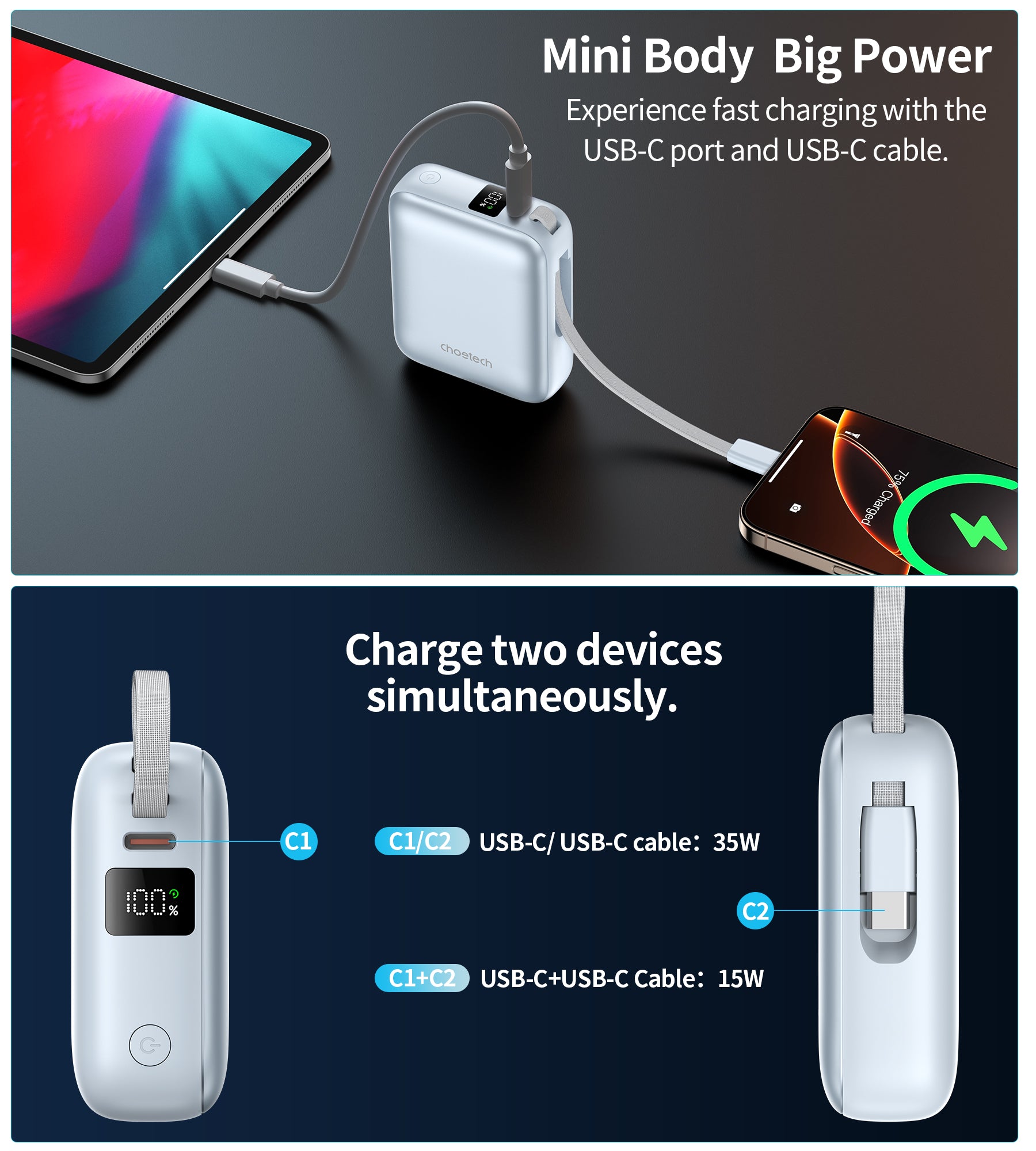 POWER BANK CHOETECH 10000MAH 35W MINI CARGADOR RÁPIDO USB-C CELESTE - 10