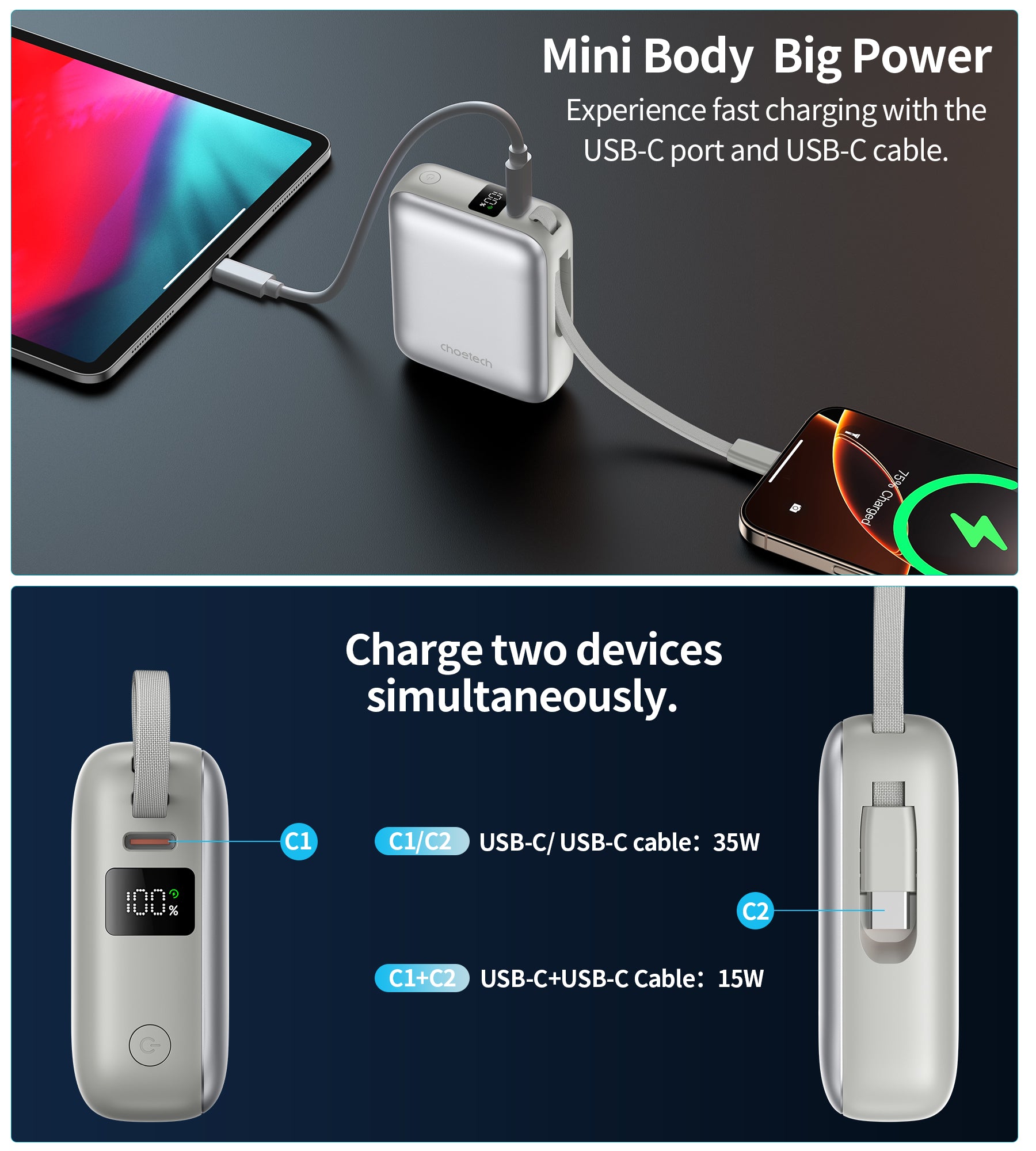 POWER BANK CHOETECH 10000MAH 35W MINI CARGADOR RÁPIDO USB-C PLATA - 10