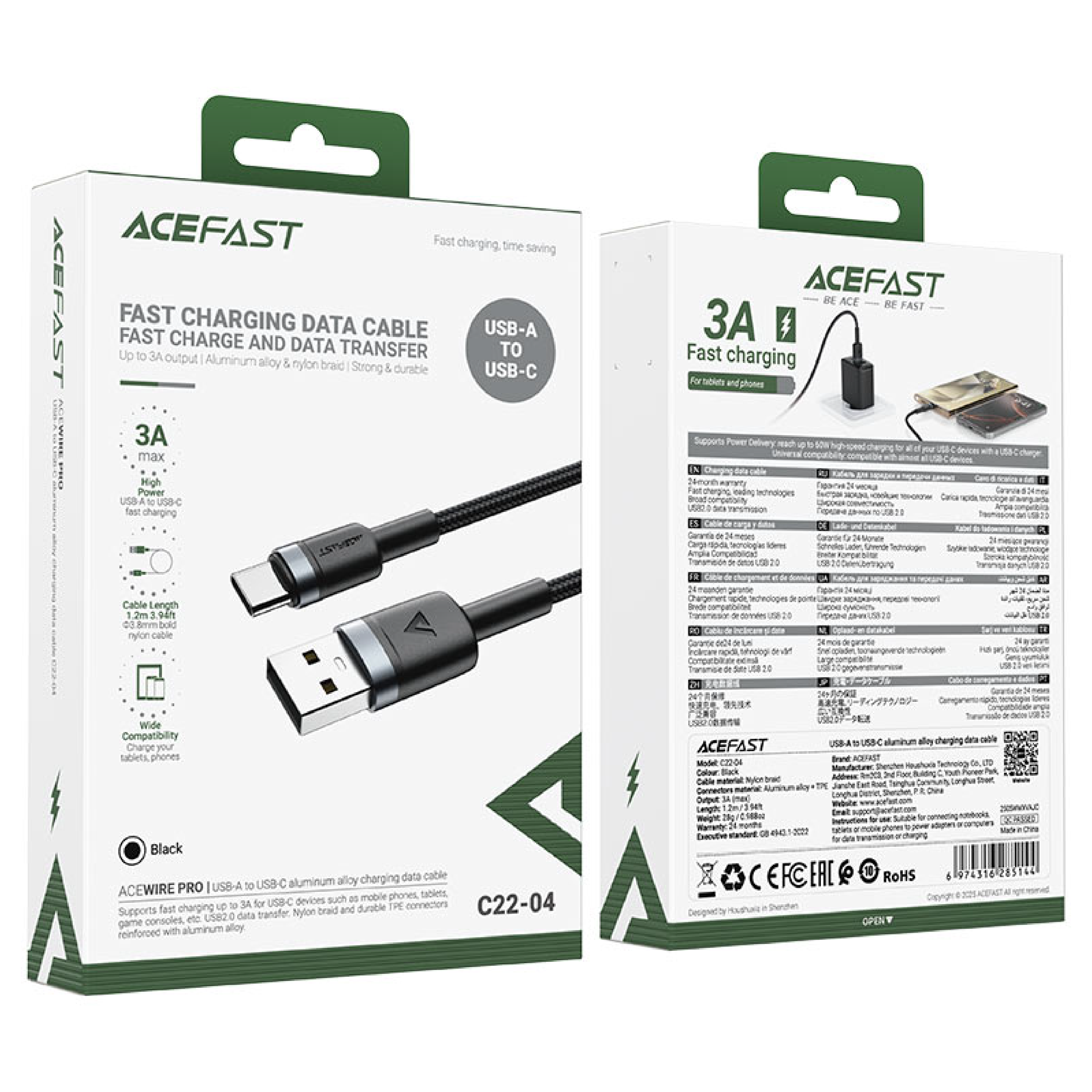 CABLE DE CARGA 3A Y DATOS ACEFAST C22-04 USB-A A USB-C – ALEACIÓN DE ALUMINIO, 1.2M - 6