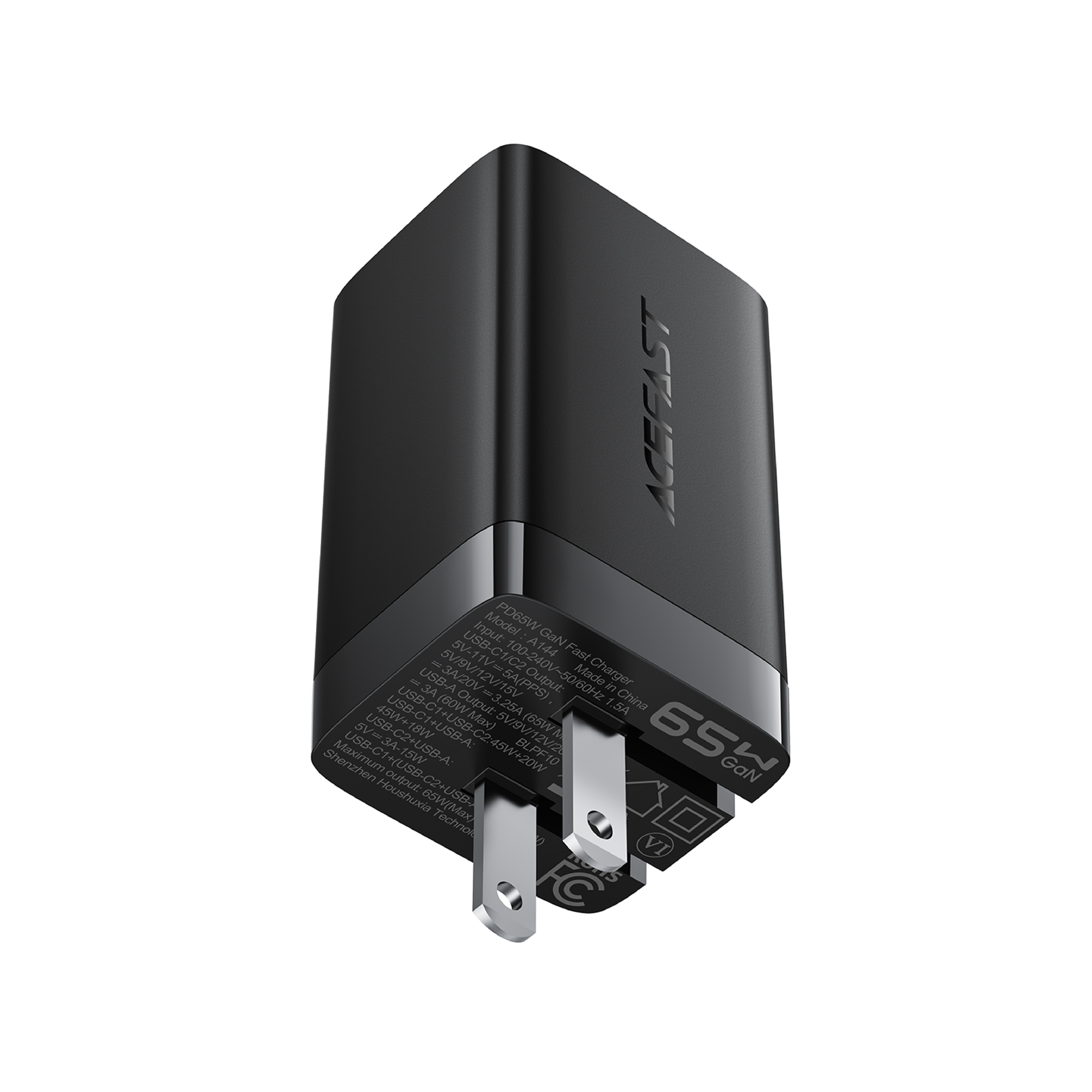 CARGADOR DE PARED ACEFAST A144 GAN 65W – 3 PUERTOS (2 USB-C + 1 USB-A), NEGRO - 4