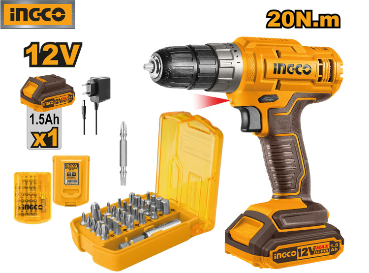 TALADRO ATORNILLADOR INALÁMBRICO INGCO 12V 1.5AH CDLI1218 + SET 30 PUNTAS ATORNILLADORES IMANTADOS - 1