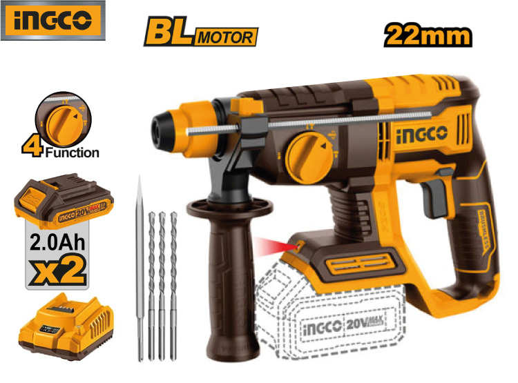 ROTOMARTILLO BRUSHLESS INGCO 20V 2.0J SDS PLUS + 2 BATERÍAS 2.0AH CRHLI20208 - 1