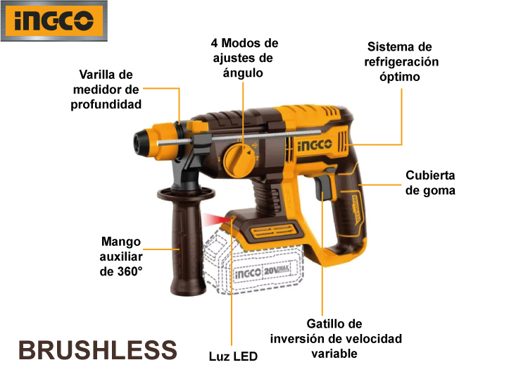 ROTOMARTILLO BRUSHLESS INGCO 20V 2.0J SDS PLUS + 2 BATERÍAS 2.0AH CRHLI20208 - 2