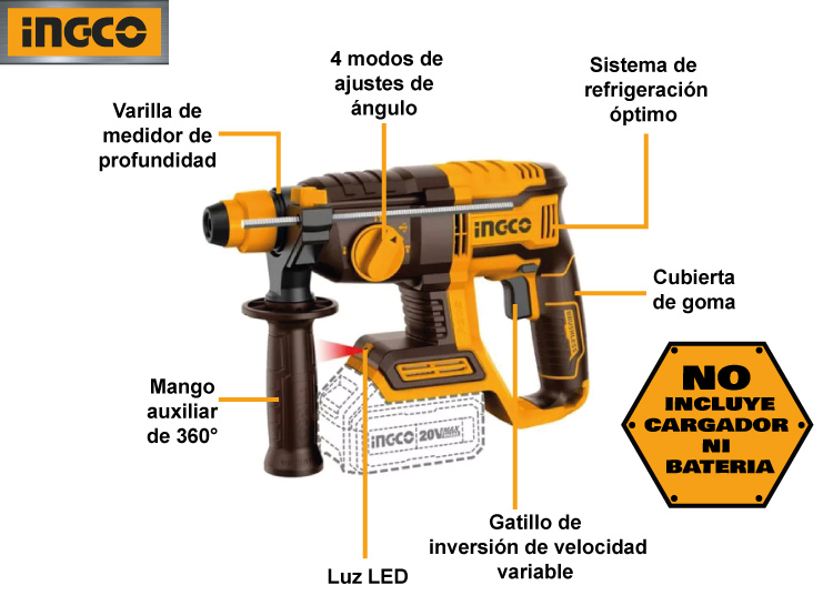 ROTOMARTILLO BRUSHLESS INGCO 20V 2.0J SDS PLUS CRHLI20208 - 2