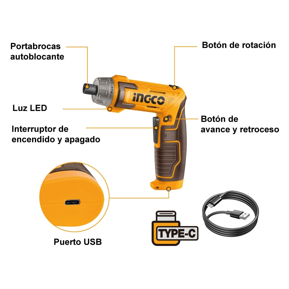 DESTORNILLADOR INGCO INALÁMBRICO 8V 6NM + 17 ACCESORIOS CSDLI08025 - 2