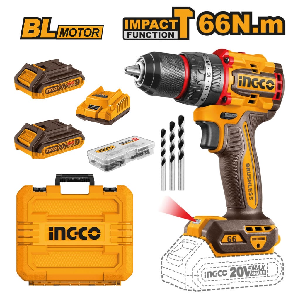 TALADRO ATORNILLADOR INGCO PERCUTOR BRUSHLESS CHUCK METÁLICO 20V 66NM + 2 BATERÍAS 2.0AH CIDLI20668 - 1
