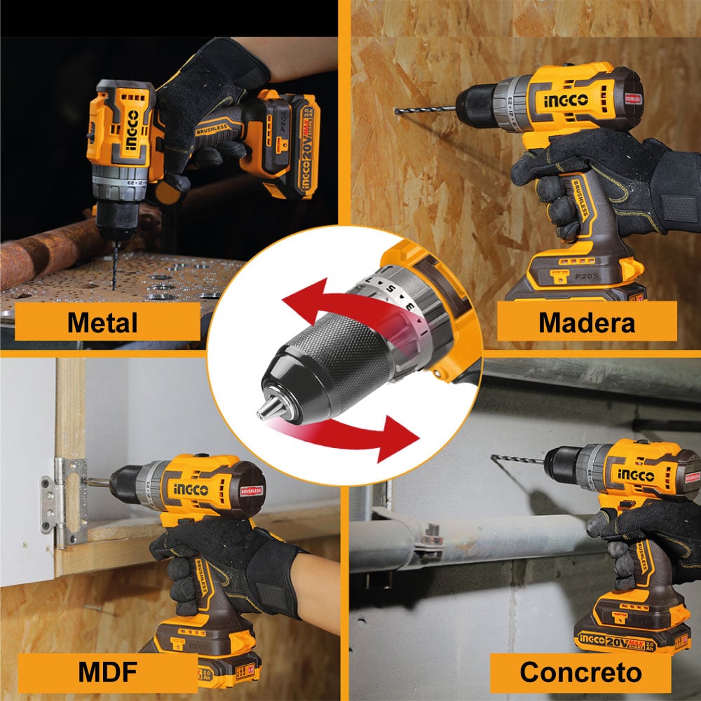 TALADRO ATORNILLADOR INGCO PERCUTOR BRUSHLESS CHUCK METÁLICO 20V 66NM + 2 BATERÍAS 2.0AH CIDLI20668 - 5