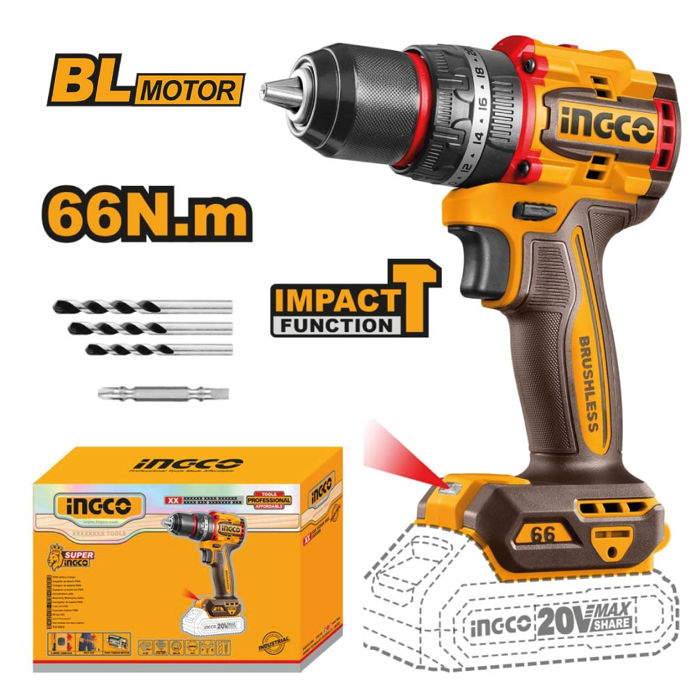 TALADRO ATORNILLADOR INGCO CIDLI206681 PERCUTOR BRUSHLESS CHUCK METÁLICO 20V 66NM - 1